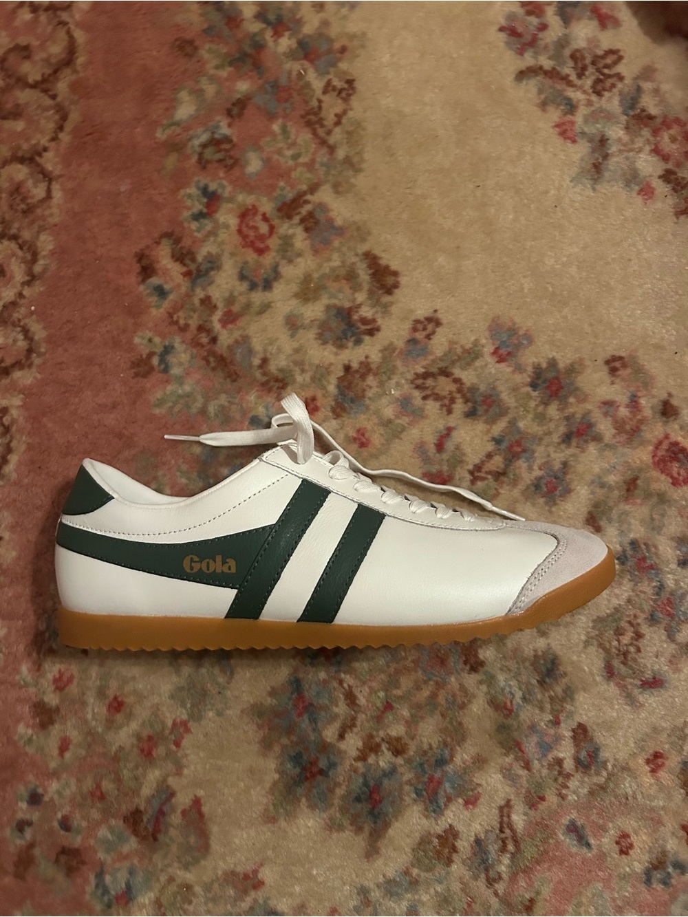 Gola White Sneaker with Green Stripes and Gum Sole